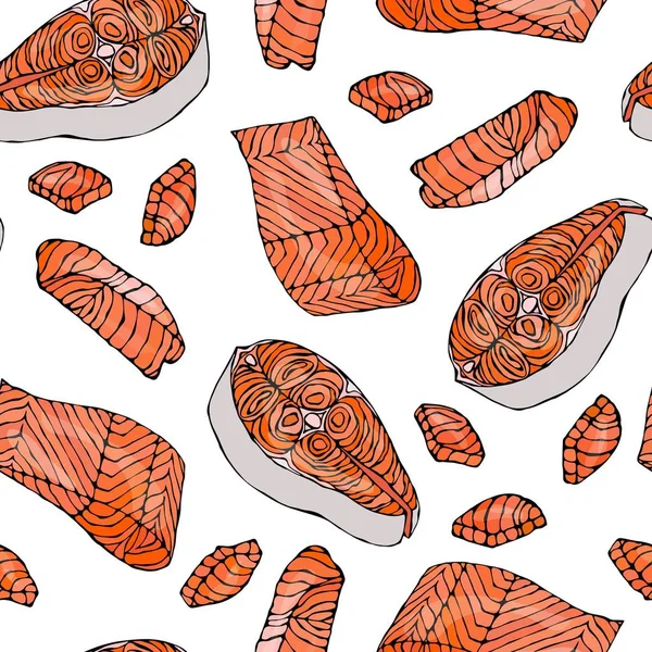 Modèle sans couture avec filet de saumon pour menu de fruits de mer. Illustration vectorielle d'encre isolée sur un fond blanc Doodle dessin animé Vintage esquisse dessinée à la main . — Image vectorielle