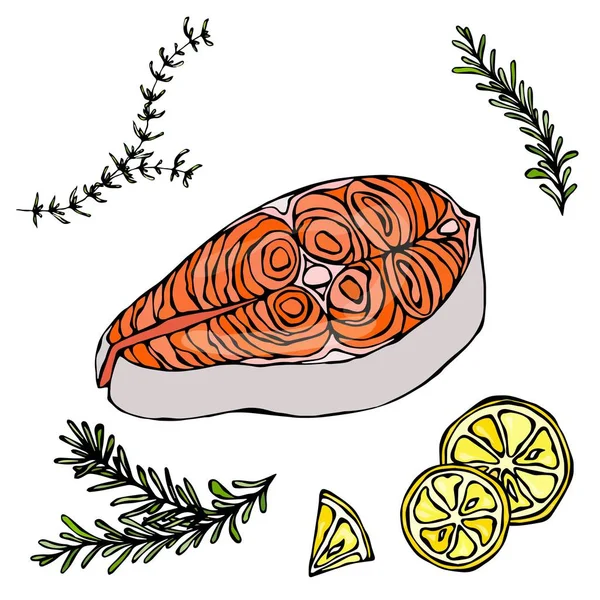 Steak vörös hal, lazac, citrom és gyógynövények a tenger gyümölcsei menü. Tinta vektoros illusztráció egy fehér háttér Doodle rajzfilm Vintage kézzel rajzolt vázlat elszigetelt. — Stock Vector