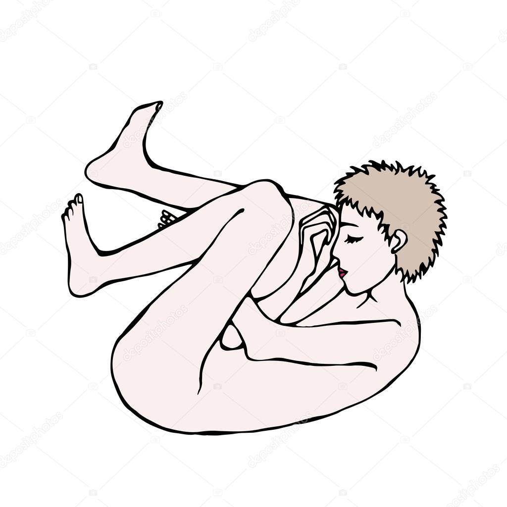 Adult Person Sleeping in the Fetal Position. Vector Illustration Isolated On a White Background Doodle Cartoon Vintage Hand Drawn Sketch.
