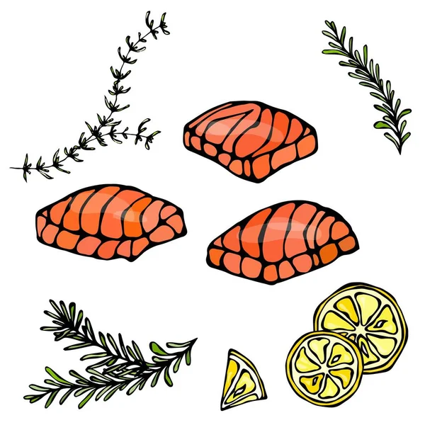 Image de Steak de saumon rouge de poisson, citron et herbes pour le menu de fruits de mer. Illustration vectorielle d'encre isolée sur un fond blanc Doodle dessin animé Vintage esquisse dessinée à la main . — Image vectorielle