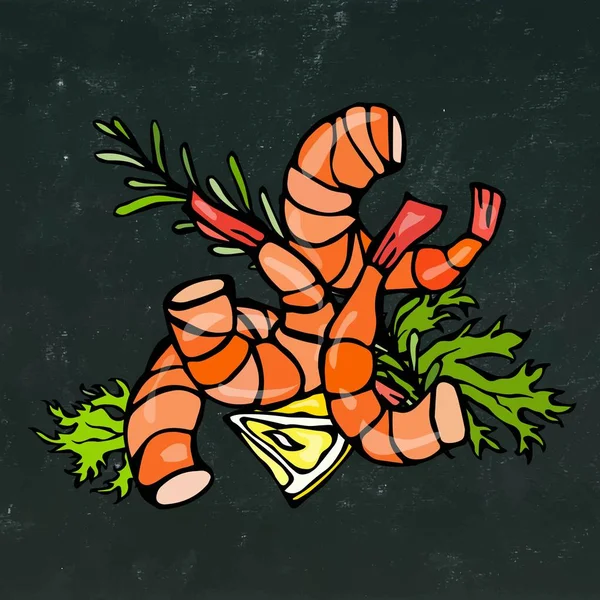 Camarão cozido ou Cocktail de camarão, ervas e limão. Isolado no fundo Chalkboard Doodle Cartoon Vintage mão desenhada esboço —  Vetores de Stock