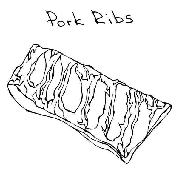 Fila costillas de cerdo. Ilustración vectorial realista Dibujado a mano aislado Doodle o dibujo animado estilo boceto. Cortes de carne fresca . — Archivo Imágenes Vectoriales