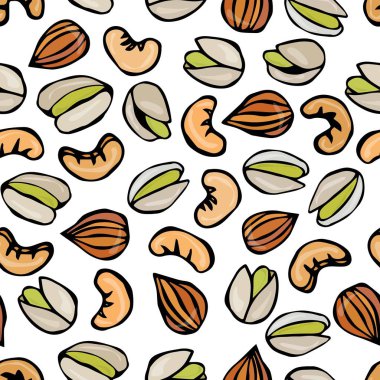 Kaju fıstığı kabuklu fıstık, badem ile sorunsuz. Bir beyaz arka plan Doodle karikatür elle çizilmiş kroki vektör çizim üzerinde izole. Gıda desen.