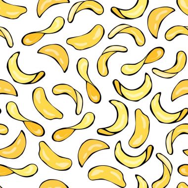 Patates cipsi ile sorunsuz. Bir beyaz arka plan Doodle karikatür elle çizilmiş kroki vektör çizim üzerinde izole. Aperatif desen.