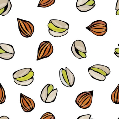 Kabuklu fıstık ve badem ile sorunsuz fındık. Bir beyaz arka plan Doodle karikatür elle çizilmiş kroki vektör çizim üzerinde izole. Gıda desen.