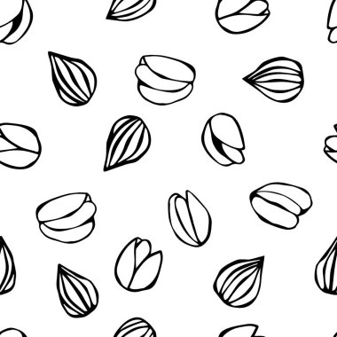 Kabuklu fıstık, cips, badem ve kaju Nuts.Isolated Siyah Kara tahta arka plan ile sorunsuz. Doodle karikatür elle çizilmiş kroki vektör çizim. Aperatif desen.