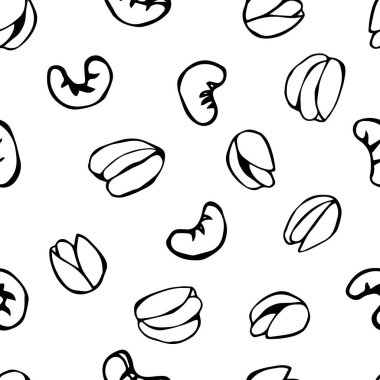 Kabuklu fıstık ve kaju fıstığı ile sorunsuz. Bir beyaz arka plan Doodle karikatür elle çizilmiş kroki vektör çizim üzerinde izole. Gıda desen.