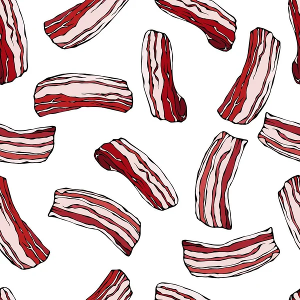 Sömlös fläskbacon. Isolerad på en vit bakgrund. Realistiska Doodle Cartoon Style Hand Drawn Sketch Vector Illustration. Livsmedelsmönster. — Stock vektor