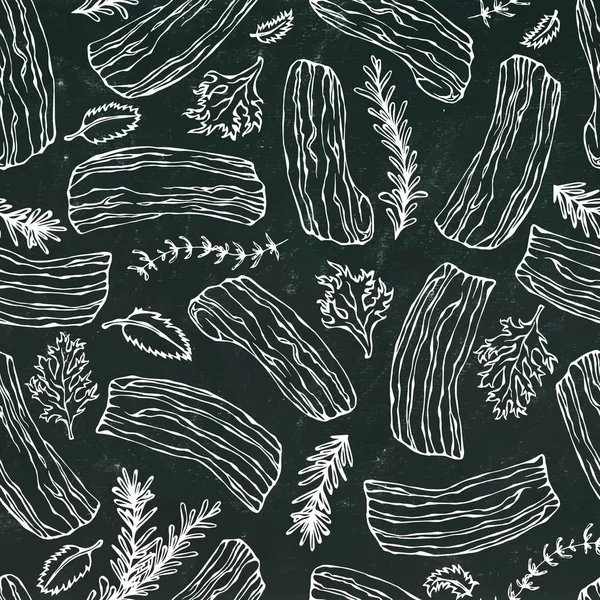 Bacon di maiale e erbe senza soluzione di continuità. Isolato su uno sfondo di lavagna nera. Realistico Doodle stile cartone animato disegnato a mano disegno vettoriale Illustrazione. Modello di cibo . — Vettoriale Stock
