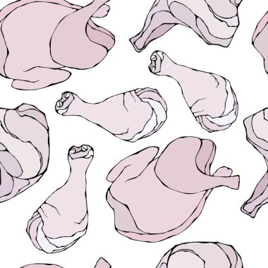 Çiğ tavuk ya da hindi ile sorunsuz. Beyaz bir arka plan üzerinde izole. Gerçekçi Doodle karikatür tarzı elle çizilmiş kroki vektör çizim. Taze et gıda desen.