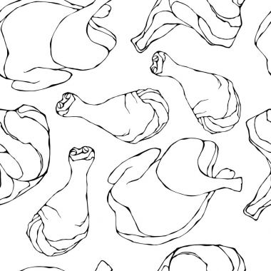 Çiğ tavuk ya da hindi ile sorunsuz. Beyaz bir arka plan üzerinde izole. Gerçekçi Doodle karikatür tarzı elle çizilmiş kroki vektör çizim. Taze et gıda desen.