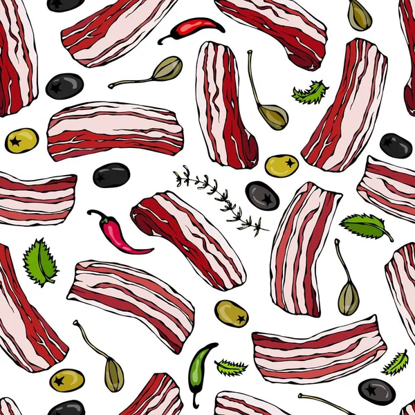 Bacon de porco, ervas, azeitonas e alcaparras sem costura. Isolado em um fundo branco. Doodle realista Desenhos animados Estilo mão desenhada Esboço Vector Ilustração. Padrão alimentar . —  Vetores de Stock