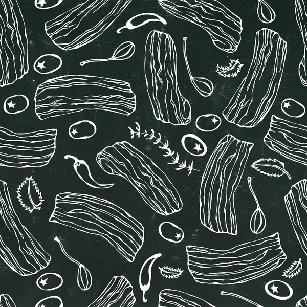 Bacon de porco, ervas, azeitonas e alcaparras sem costura. Isolado em um fundo de papelão preto. Doodle realista Desenhos animados Estilo mão desenhada Esboço Vector Ilustração. Padrão alimentar . — Vetor de Stock