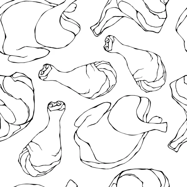 Varrat nélküli, nyers csirke vagy pulyka. Elszigetelt fehér Background. Reális Doodle rajzfilm stílusú kézzel rajzolt vázlat vektoros illusztráció. Friss hús élelmiszer minta. — Stock Vector