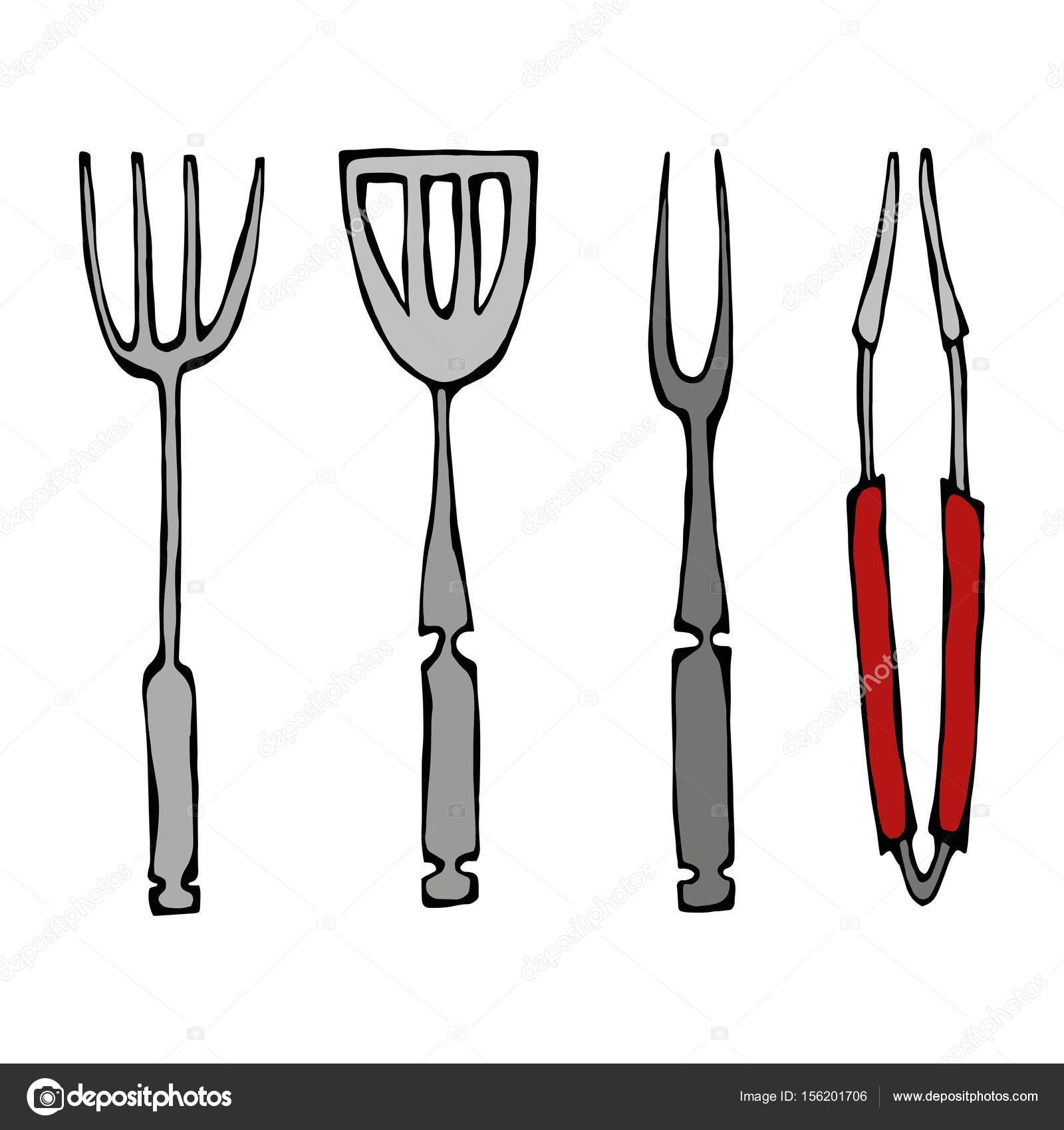 Equipamento de cozimento ou ferramentas de churrasco. Pinças para  churrasco, garfo e espátula. Isolado em um fundo branco. Doodle realista  Desenhos Animados Estilo mão desenhada Esboço Vector Ilustração . Vetor de  ©leen.savoyar.com, image size:963x1024