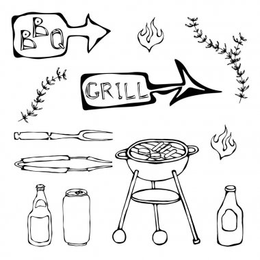 Barbekü araçlar kümesi: barbekü çatalı, maşa, ızgara et, ateş, bira şişe, Can, ketçap ile otlar. Beyaz bir arka plan üzerinde izole. Gerçekçi Doodle karikatür tarzı elle çizilmiş kroki vektör çizim.