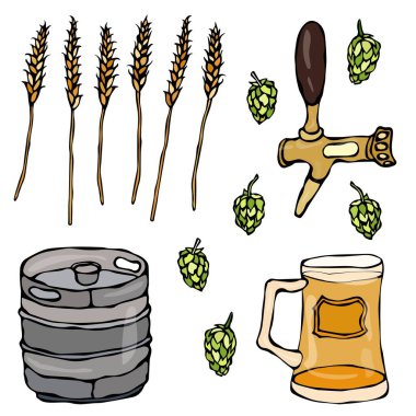 Bira nesne kümesi: Hop, Malt, kupa, dokunun, fıçısı. Beyaz bir arka plan üzerinde izole. Gerçekçi Doodle karikatür tarzı elle çizilmiş kroki vektör çizim.