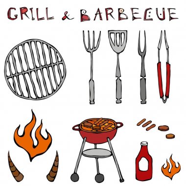 Barbekü araçlar kümesi: barbekü çatalı, maşa, ızgara et, ateş, ketçap, boğa boynuzları. Beyaz bir arka plan üzerinde izole. Gerçekçi Doodle karikatür tarzı elle çizilmiş kroki vektör çizim.