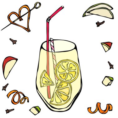 Limonata limon dilimi ve kokteyl tüp ile bir bardak. Gerçekçi Doodle karikatür tarzı elle çizilmiş kroki vektör Illustration.Isolated beyaz bir arka plan üzerinde.