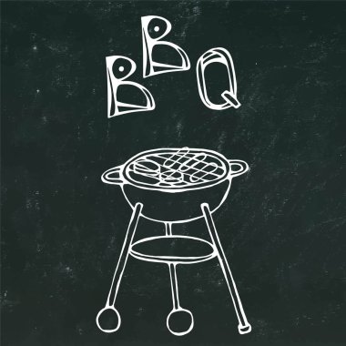 Barbekü Izgara ve yazı. için Yaz Barbekü menüsü. Bir siyah kara tahta arka plan üzerinde izole. Gerçekçi Doodle karikatür tarzı elle çizilmiş kroki vektör çizim.