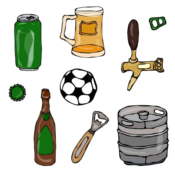 Ensemble d'objets de bière : boîte et clé, tasse, robinet, bouteille, ballon de football, ouvre-boîte, fût. Isolé sur fond blanc. Illustration vectorielle de croquis dessinée à la main de style dessin animé réaliste Doodle . — Image vectorielle