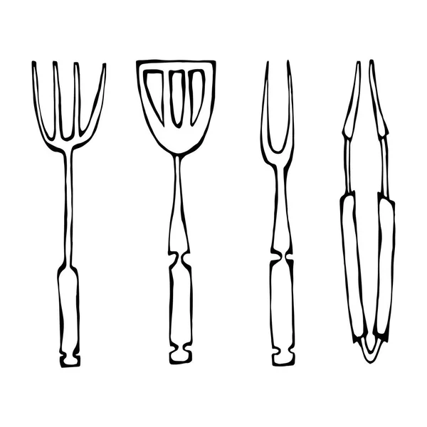 Equipamento de cozimento ou ferramentas de churrasco. Pinças para churrasco, garfo e espátula. Isolado em um fundo branco. Doodle realista Desenhos Animados Estilo mão desenhada Esboço Vector Ilustração . — Vetor de Stock