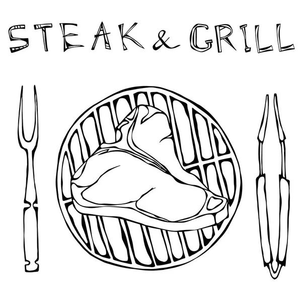 T-Bone Steak a grill, grill, fogók és villát. Felirat a Steak and Grill. Reális Doodle rajzfilm stílusú kézzel rajzolt vázlat vektor Illustration.Isolated fehér alapon. — Stock Vector