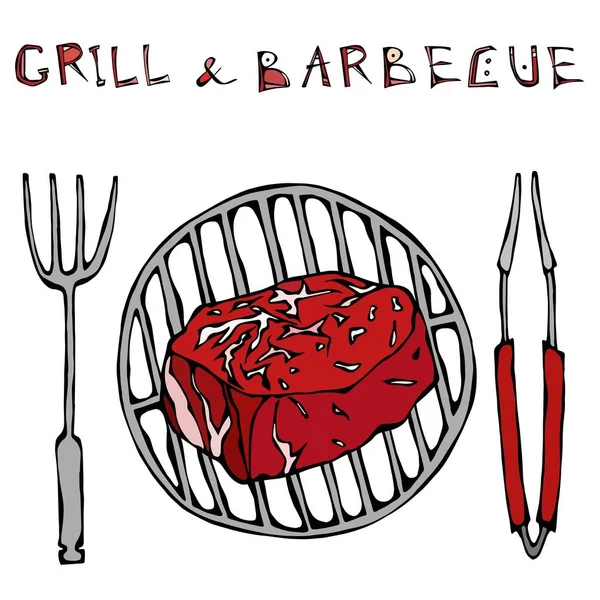 Barbekü, maşa ve çatal için ızgara fileto Mignon biftek. Yazı ızgara ve barbekü. Gerçekçi Doodle karikatür tarzı elle çizilmiş kroki vektör Illustration.Isolated beyaz bir arka plan üzerinde.