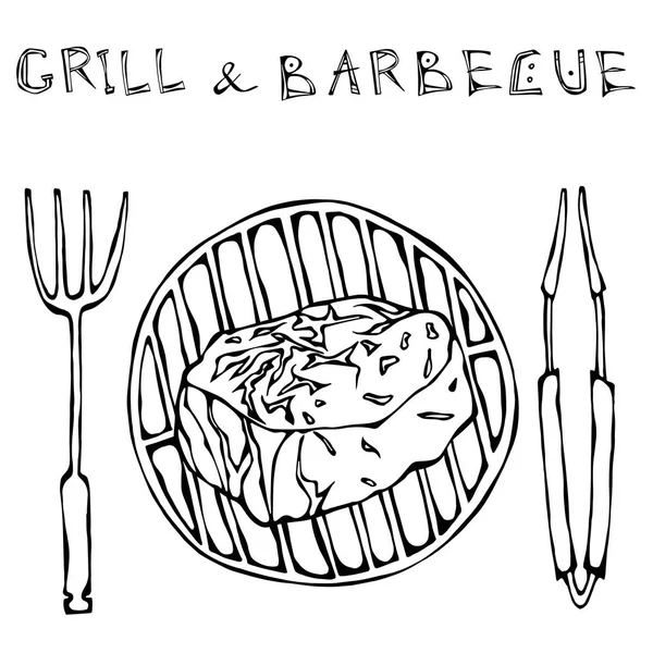 Filet Mignon Bistecca alla griglia per barbecue, pinze e forchetta. Lettering Grill e Barbecue. Realistico Doodle stile cartone animato disegnato a mano Sketch Vector Illustration.Isolated su uno sfondo bianco . — Vettoriale Stock