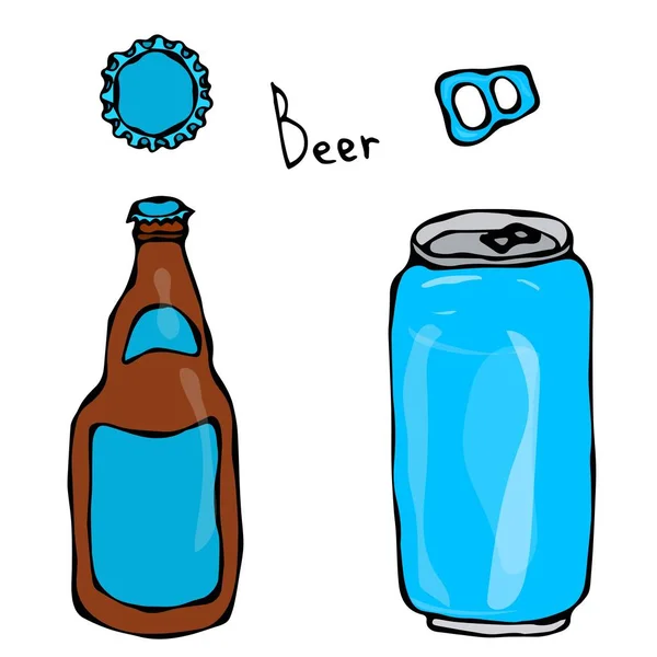 Garrafa de cerveja, lata, tampa e chave. Isolado em um fundo branco. Doodle realista Desenhos Animados Estilo mão desenhada Esboço Vector Ilustração . —  Vetores de Stock