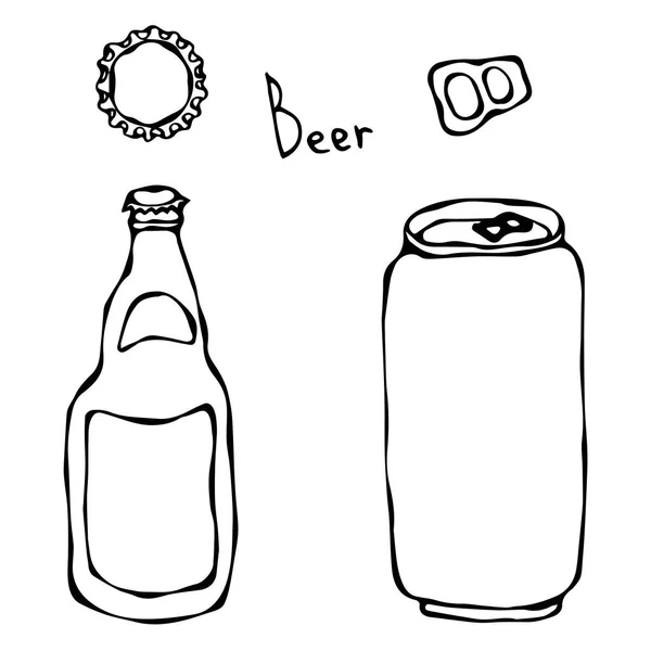 Garrafa de cerveja, lata, tampa e chave. Isolado em um fundo branco. Doodle realista Desenhos Animados Estilo mão desenhada Esboço Vector Ilustração . —  Vetores de Stock