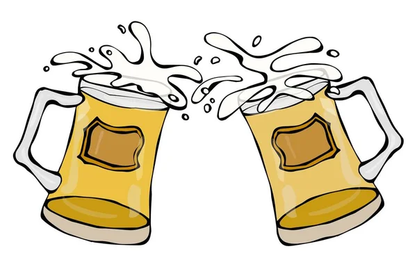两个啤酒杯与光麦酒或啤酒。碰杯时溅起水花。孤立在白色背景上。现实的涂鸦卡通风格手绘素描矢量图. — 图库矢量图片