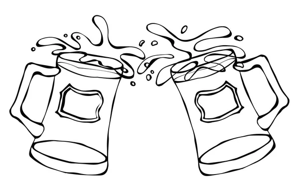 两个啤酒杯。碰杯时溅起水花。孤立在白色背景上。现实的涂鸦卡通风格手绘素描矢量图. — 图库矢量图片