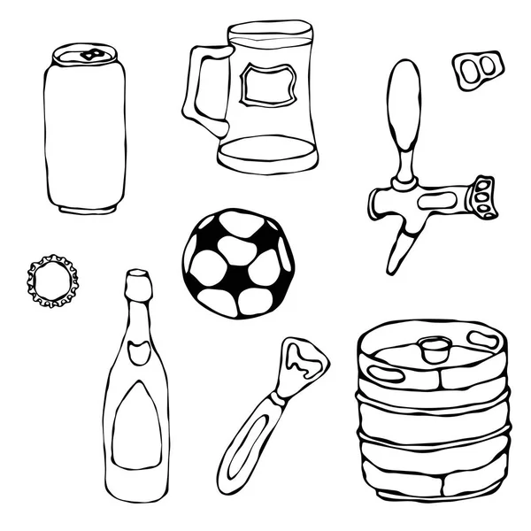 Σύνολο αντικειμένων μπύρα: μπορεί και κλειδί, κούπα, πατήστε, μπουκάλι, ποδόσφαιρο μπάλα, ανοιχτήρι, βαρέλι. Απομονωθεί σε λευκό φόντο. Εικονογράφηση φορέα σκίτσο χέρι που στυλ καρτούν ρεαλιστική Doodle. — Διανυσματικό Αρχείο