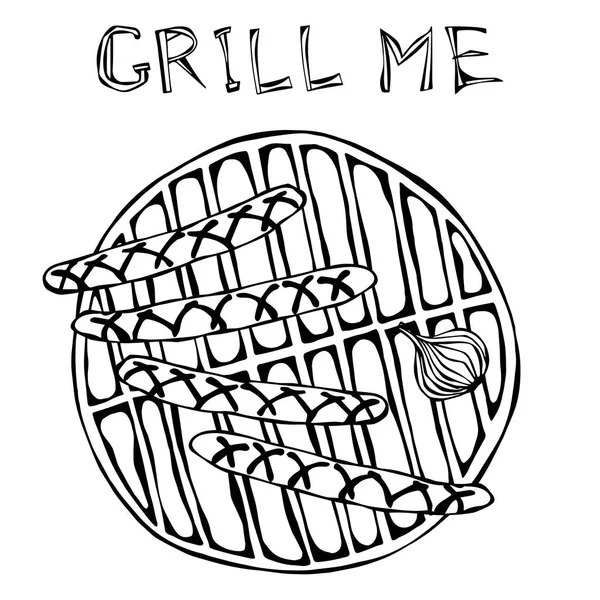 Embutidos y cebolla en la barbacoa. Lettering Grill Me. Logo Barbacoa. Aislado sobre un fondo blanco. Realista Doodle Cartoon Style Dibujado a mano Dibujo Vector Ilustración . — Archivo Imágenes Vectoriales