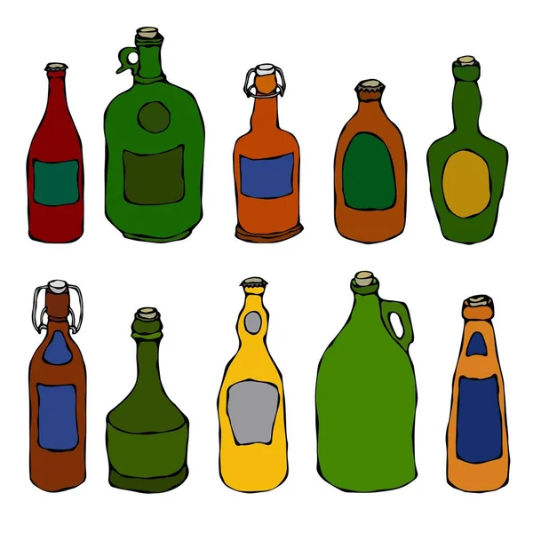 Ensemble de bouteilles de bière et de vigne vintage. Isolé sur fond blanc. Illustration vectorielle de croquis dessinée à la main de style dessin animé réaliste Doodle . — Image vectorielle