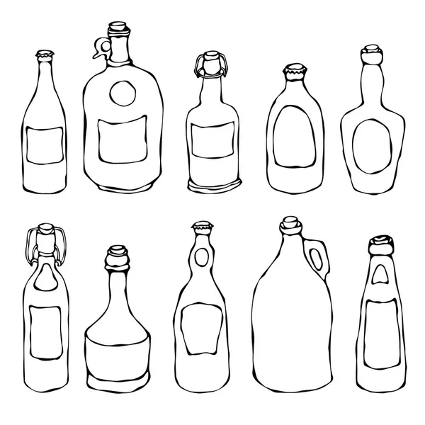 Набір Vintage пиво і Вино виноградне пляшки. Ізольовані на білому тлі. Реалістичний Doodle мультфільму стиль боку звернено ескіз Векторні ілюстрації. — стоковий вектор