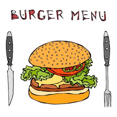 Büyük Hamburger ya da çizburger. Burger menü yazı, bıçak ve çatal. Beyaz bir arka plan üzerinde izole. Gerçekçi Doodle karikatür tarzı elle çizilmiş kroki vektör çizim.