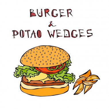 Büyük Hamburger veya patates dilimleri ile çizburger. Burger yazı. Beyaz bir arka plan üzerinde izole. Gerçekçi Doodle karikatür tarzı elle çizilmiş kroki vektör çizim.