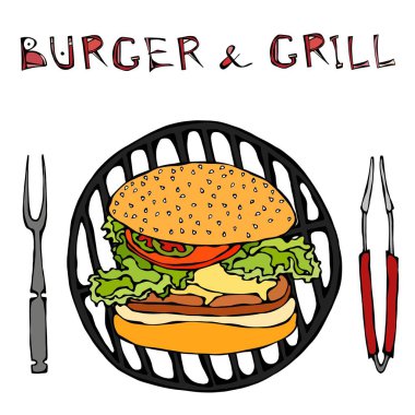 Büyük Hamburger veya barbekü ızgara, maşa ve Barbekü için çatal çizburger. Burger yazı. Beyaz bir arka plan üzerinde izole. Gerçekçi Doodle karikatür tarzı elle çizilmiş kroki vektör çizim.