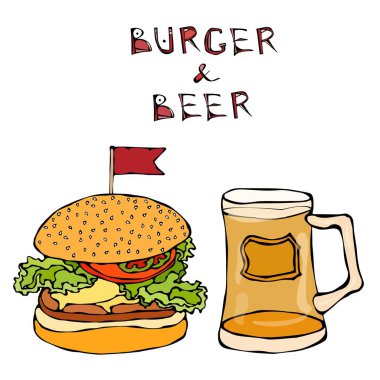 Büyük Hamburger çizburger ve bira bardağı ya da bira. Burger yazı. Beyaz bir arka plan üzerinde izole. Gerçekçi Doodle karikatür tarzı elle çizilmiş kroki vektör çizim.