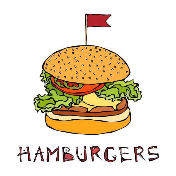 Grote hamburger met vlag. Hamburger belettering. Geïsoleerd op een witte achtergrond. Realistische Doodle Cartoon stijl Hand getrokken schets vectorillustratie. — Stockvector