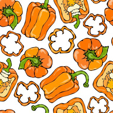 Turuncu kırmızı biber, biber ya da tatlı Bulgar biber sorunsuz. Beyaz bir arka plan üzerinde izole. Gerçekçi ve Doodle stili elle çizilmiş kroki vektör çizim.