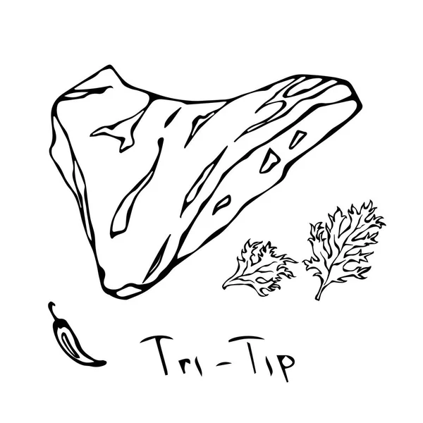 Tri-Tip Steak Schnitt Vektor isoliert auf weißem Hintergrund. Umriss. — Stockvektor