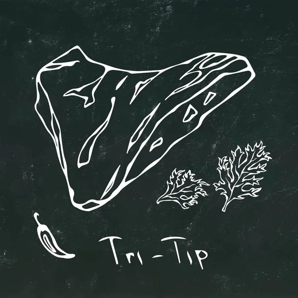 Tri-Tip Steak gesneden Vector geïsoleerd op het schoolbord achtergrond overzicht. — Stockvector