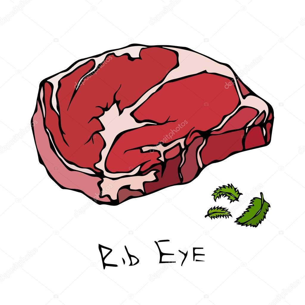 Rib Eye Steak Cut Vector Isolated On White Background.