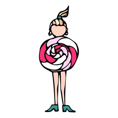 Karikatür lolipop kadın cesedi şeklin kroki. Beyaz bir arka plan üzerinde izole elle çizilmiş vektör çizim.