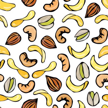 Kabuklu fıstık, cips, badem ve kaju fıstığı ile sorunsuz. Bir beyaz arka plan Doodle karikatür elle çizilmiş kroki vektör çizim üzerinde izole. Aperatif desen.