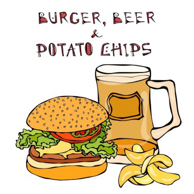 Büyük Hamburger ya da çizburger, bira bardağı ya da bira bardağı ve patates cipsi. Burger Logo. Beyaz bir arka plan üzerinde izole. Gerçekçi Doodle karikatür tarzı elle çizilmiş kroki vektör çizim.
