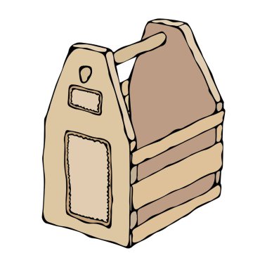 Dekoratif ahşap ışıklı delikleri ve kolu ile. Meyve çekmece. Gıda, araçlar, bira veya oyuncaklar için sandık. Gerçekçi vektör illüstrasyon izole elle çizilmiş Doodle veya karikatür tarzı kroki.
